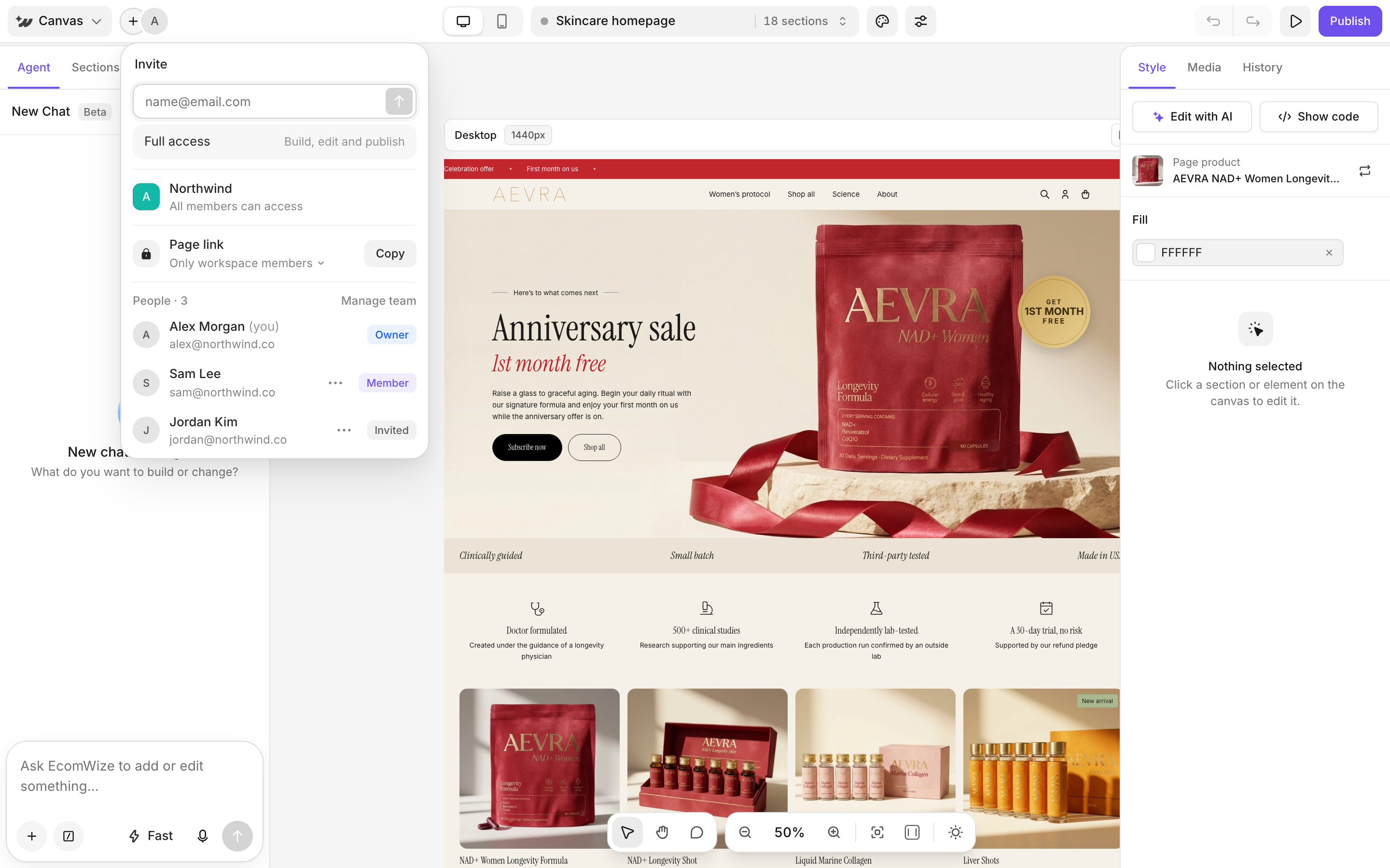 The share popover with invite and page link options