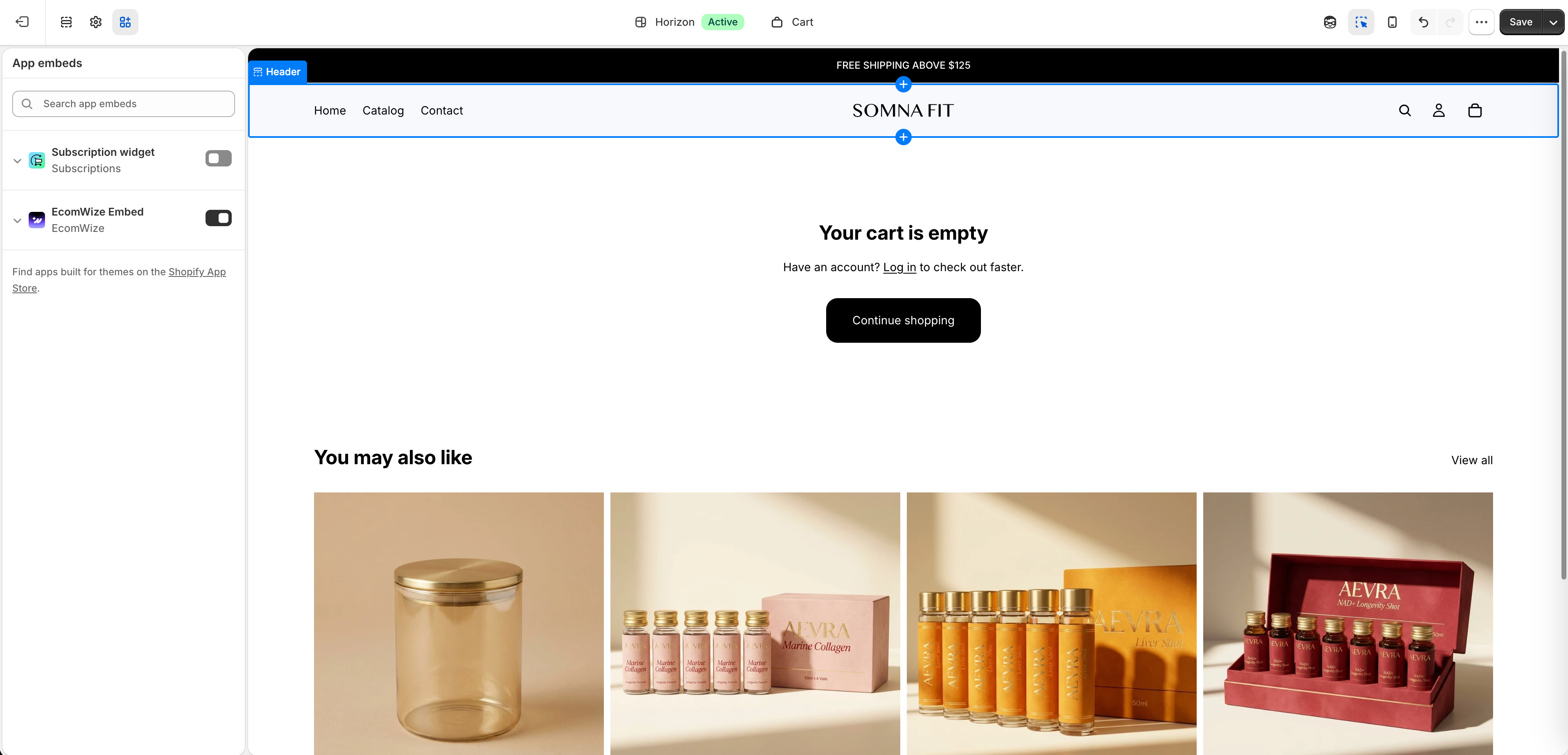 The Shopify theme editor App embeds panel with EcomWize Embed turned on